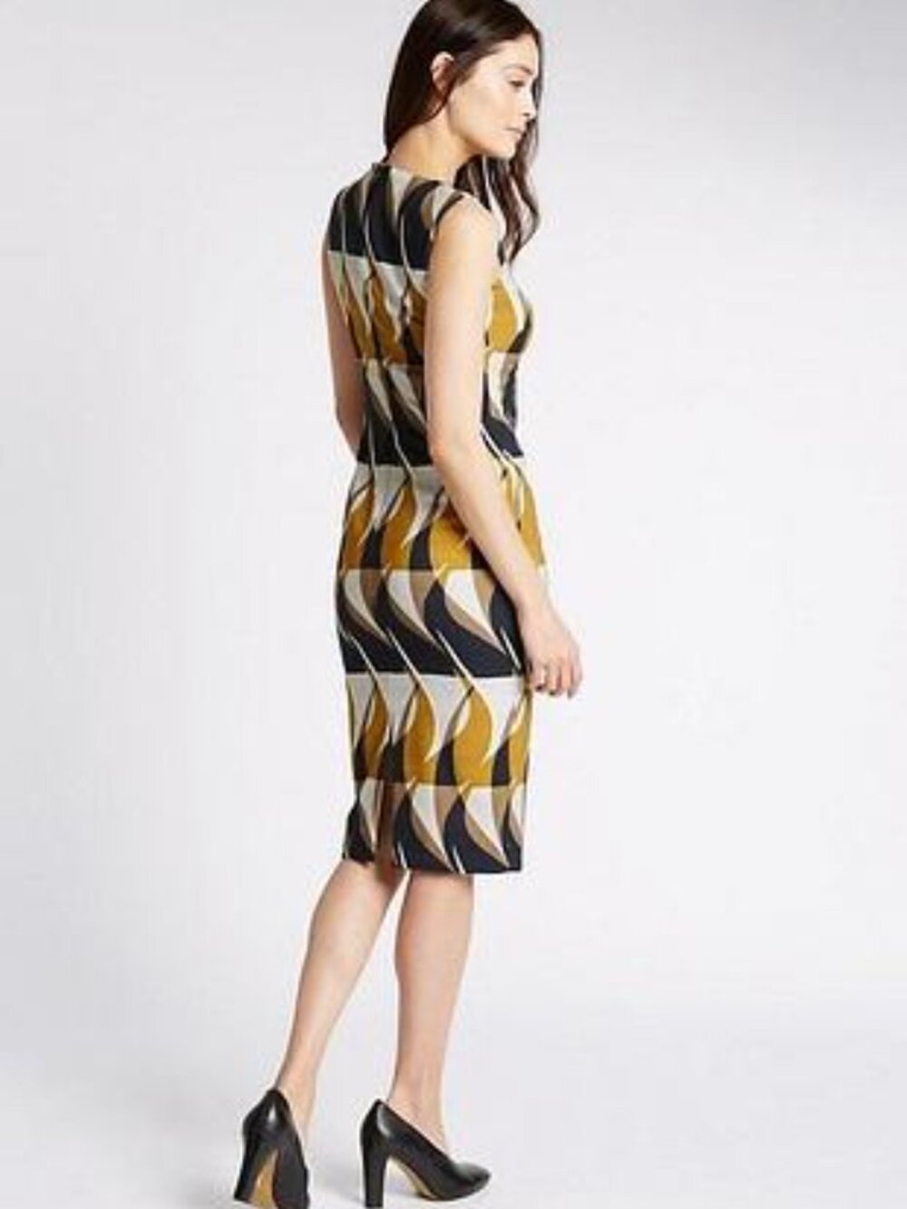 New, M&S sleeveless fitted dress. Navy, gold, & cream abstract design.